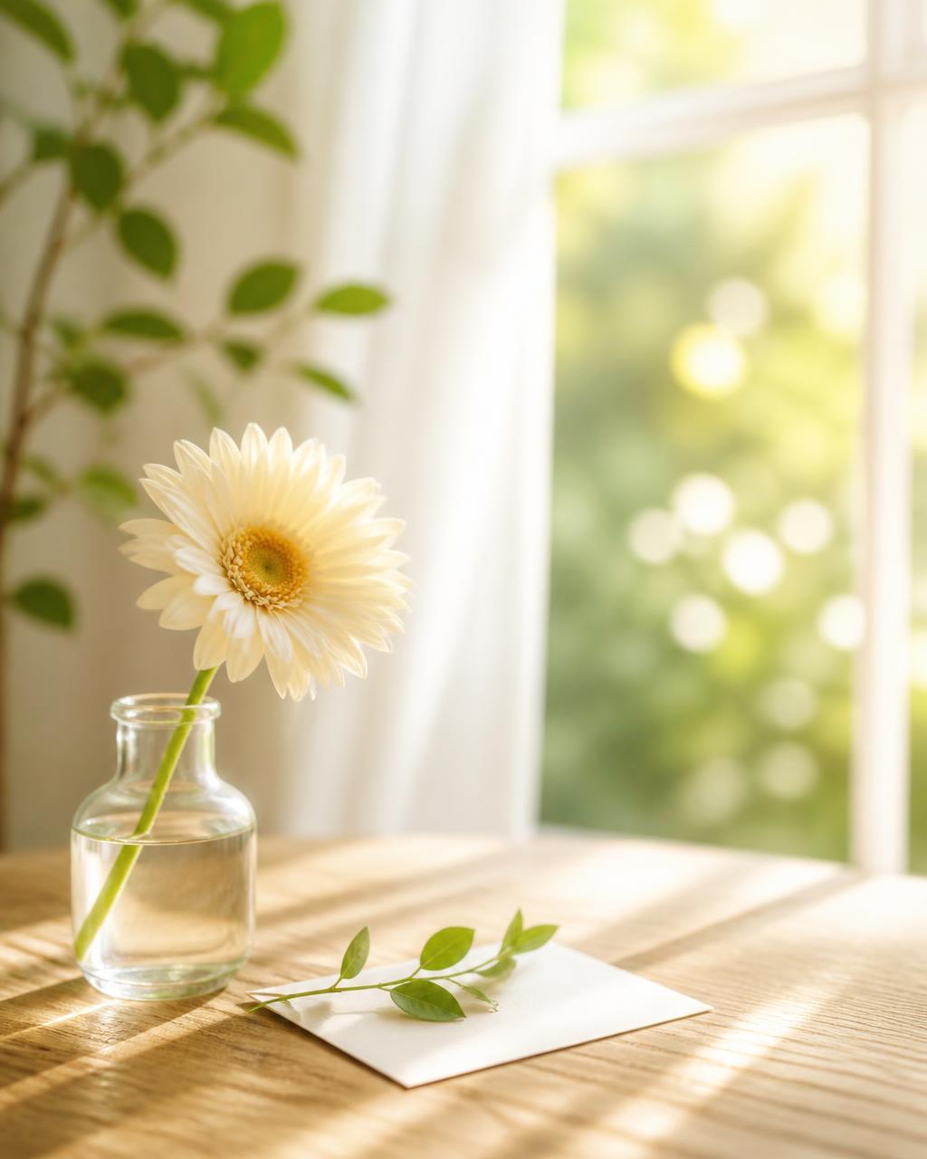 A bright sunlit table with a single flower in a small vase and a handwritten note, symbolizing quiet, cheerful kindness